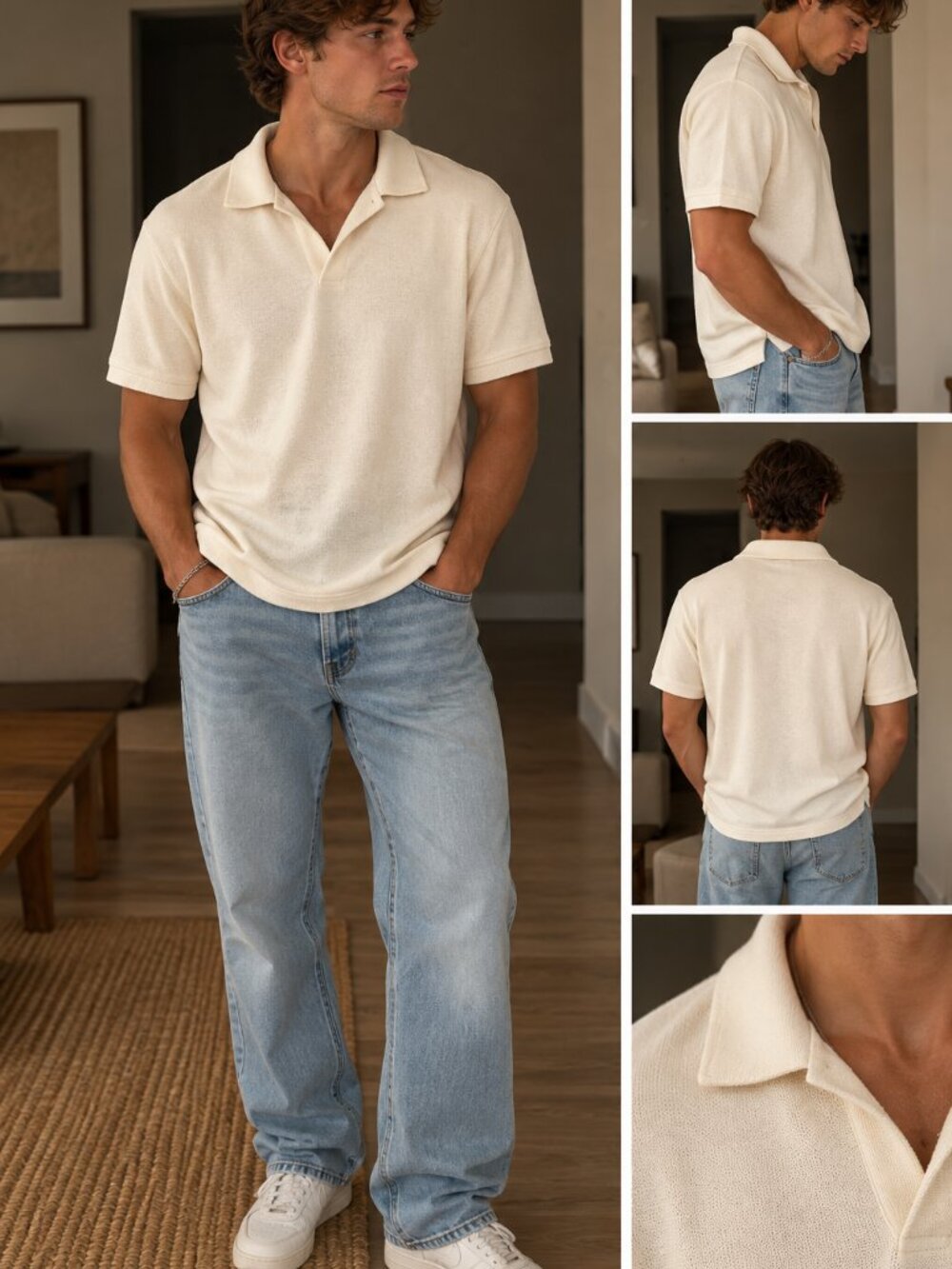 Zara Men’s Cream Textured Knit Polo Shirt XL Open Collar